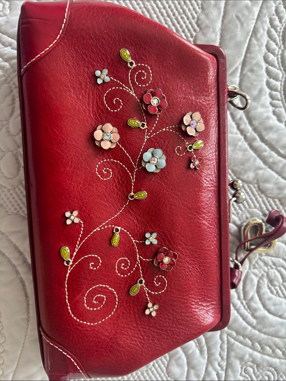 Brighton Vintage Red Floral Decoration Shoulder Bag with Crystal Accents - Picture 3 of 3